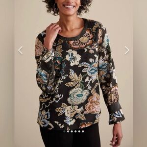 Soft Surroundings Deanna Floral Black Blouse Multifloral Medium